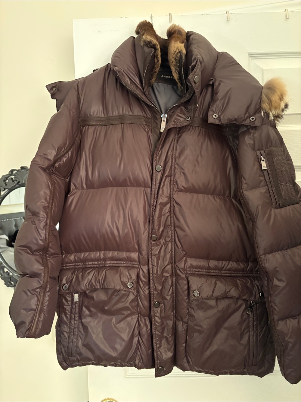 Andrew Marc Men's Dark Brown Quilted Puffer Jacket with Fur-Trim Hood